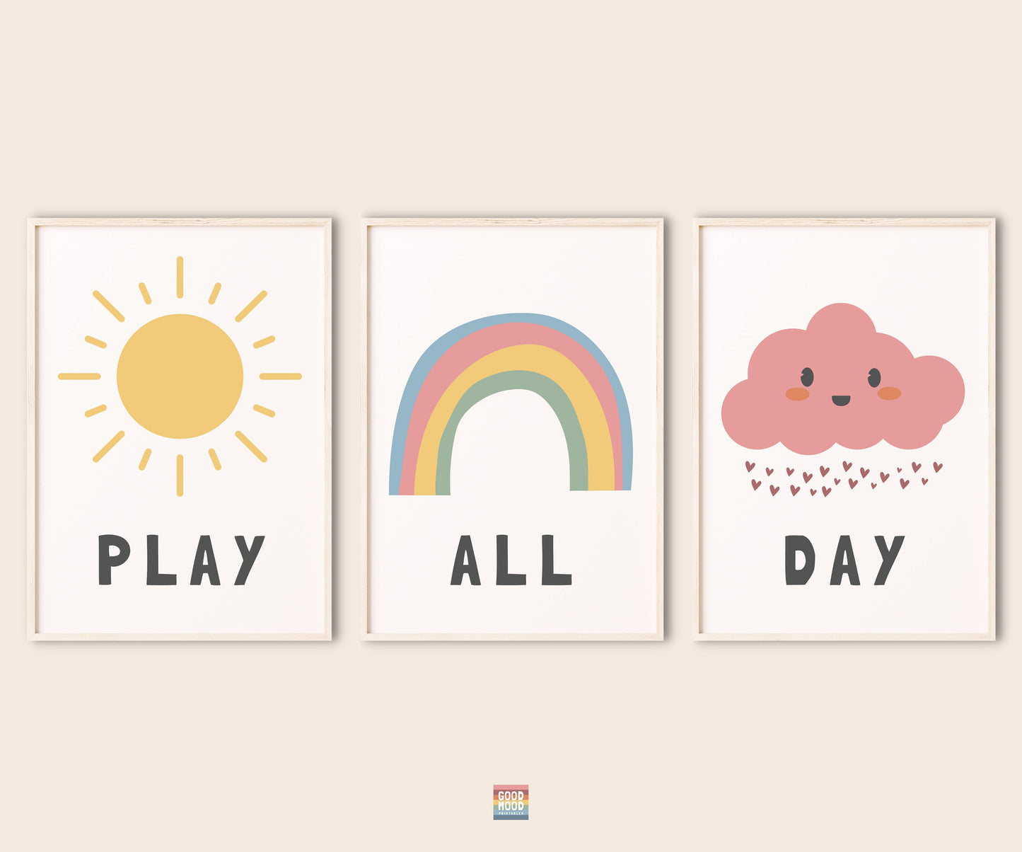 Play All Day Printable Set of 3, let's play sign, play sign room, play all day sign, kids wall decor, Nursery educational posters, lets play