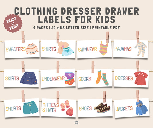 Kids Dresser Drawer Labels, Trofast Bin Labels, Visual Pictures Montessori Bedroom Labels, Organization Labels, Kids Drawer Labels