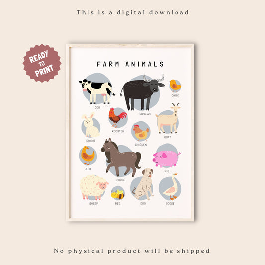 Farm Animals Educational Posters, Homeschool Preschool Downloadable Prints, Printable Montessori Materials, Homeschool Decor,Educational Art