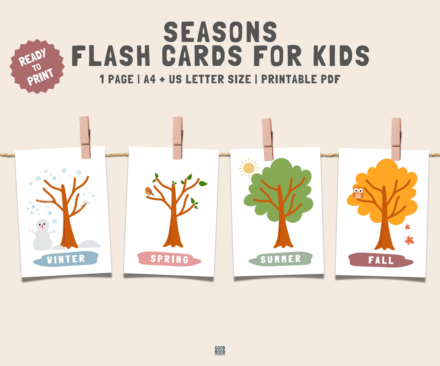 Seasons Flash Cards, Seasons Poster, Kids Wall Decor, Educational Flash Cards, Montessori Nursery, Homeschool Decor, Digital Download