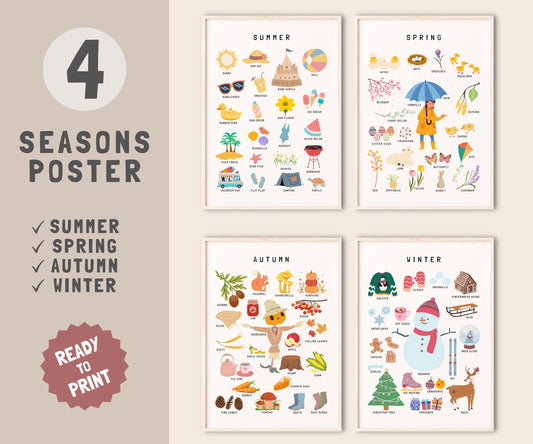 Four Seasons Print Set, Spring, Summer, Autumn, Winter poster, Nursery decor, Learning Home School,Preschool Poster, Seasons Posters