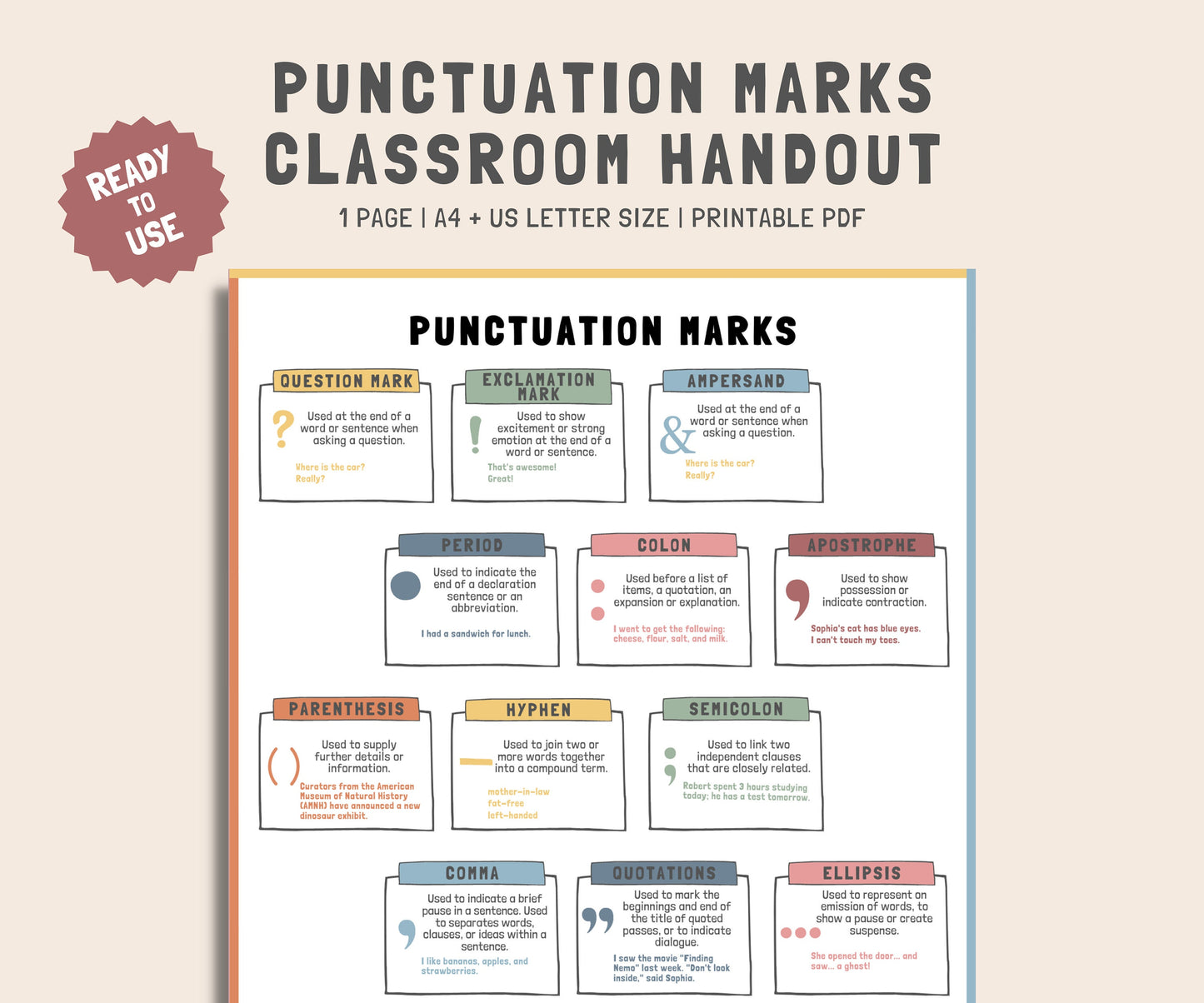 15 Punctuation Marks Handout, Elementary, Middle School, ELA resource, English Classroom Decor