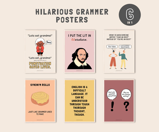 Funny English Classroom Posters (Set of 6), Grammar Punctuation Poster Decor, English Language Arts Decor, Kids Educational Posters